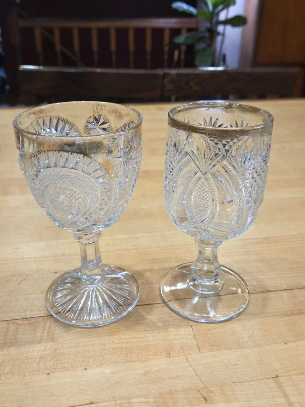 Antique Mismatched EAPG Clear Pressed Glass Water Goblets Set of 2